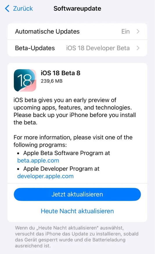 南陵苹果手机维修分享苹果 iOS / iPadOS 18 开发者预览版 Beta 8 发布 